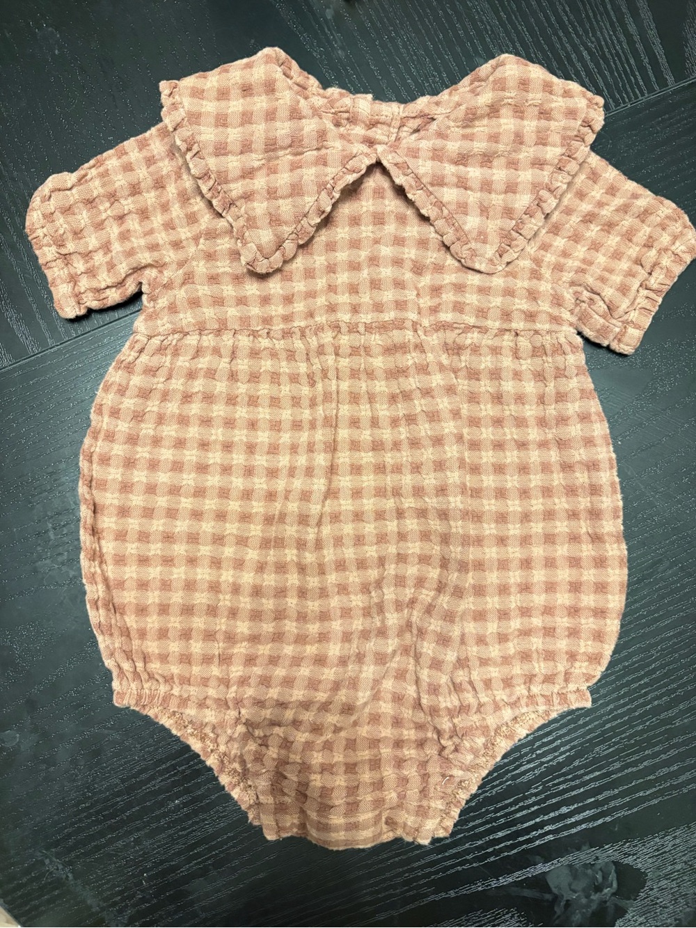 Gingham Bubble Romper in Rust and Cream with Peter Pan Collar